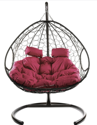 Кресло подвесное ДЛЯ ДВОИХ с ротангом коричневое, бордовая  подушка в интернет гипермаркете «Планета Лета». Фото