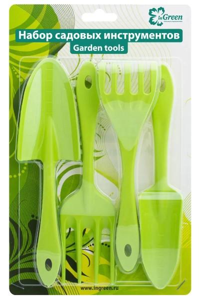 Набор садовых инструментов (совок, лопатка, грабли, вилка) микс цвета в интернет гипермаркете «Планета Лета». Фото