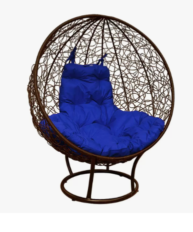 Кресло КРУГ на подставке с ротангом коричневое, синяя подушка в интернет гипермаркете «Планета Лета». Фото
