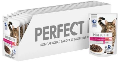 Корм влажный  для кошек Perfect Fit Adult, с говядиной кусочки в соусе, 75г x 28 в интернет гипермаркете «Планета Лета». Фото